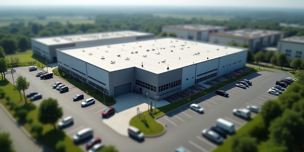 an aerial view of a large warehouse building with a parking lot and a parking lot in front of it, En