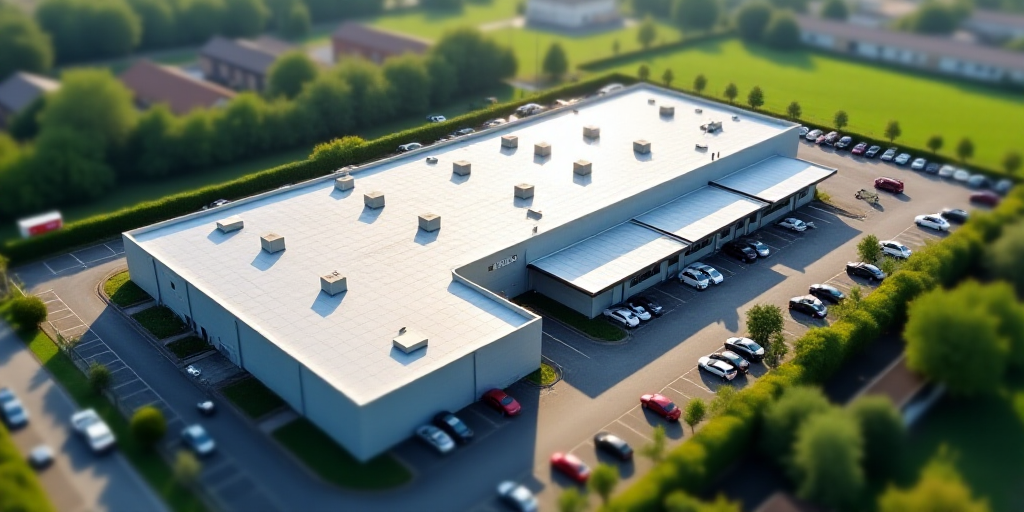 an aerial view of a parking lot and a parking lot with cars parked in it and a building with a large