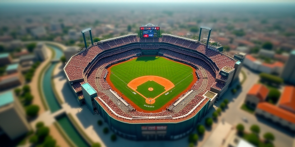 an aerial view of a stadium with a baseball field in the middle of it and a baseball field in the mi