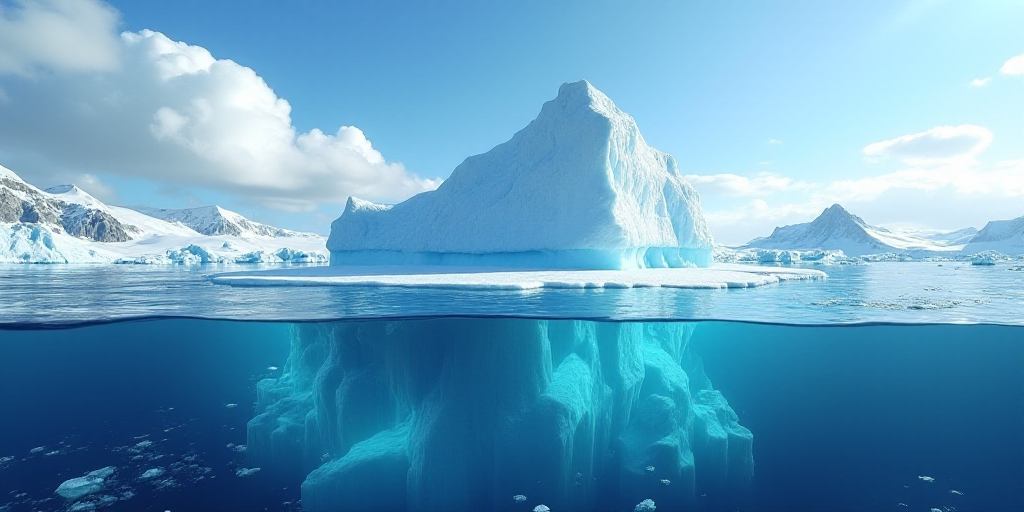 an iceberg floating in the ocean with ice floes floating around it and a blue sky with clouds, Andri