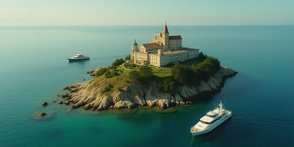 an island with a boat in the water and a building on top of it with a boat in the water, Charles Fre