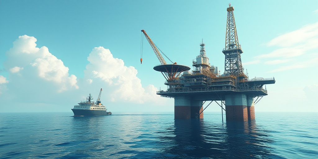 an oil rig and rig rig in the middle of the ocean with a boat in the background and a crane in the f