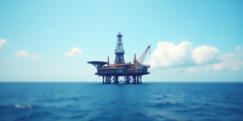 an oil rig in the middle of the ocean with a sky background and a few clouds above it that are blue,