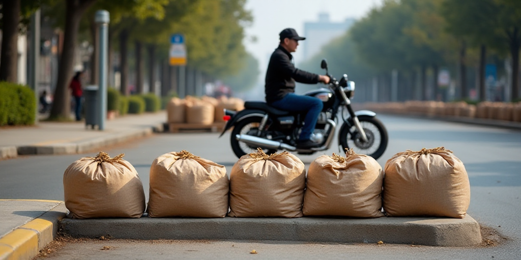 bags of unrwa are sitting on a curb in front of a man sitting on a motorcycle in the background, Ai