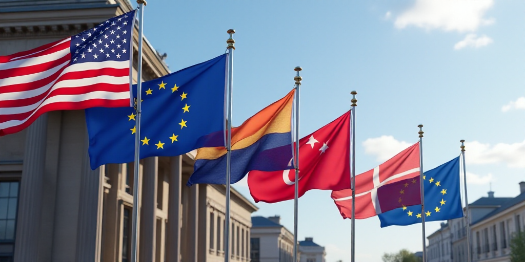 european flags are flying in front of a building in europe, europe, and the united states of europe,