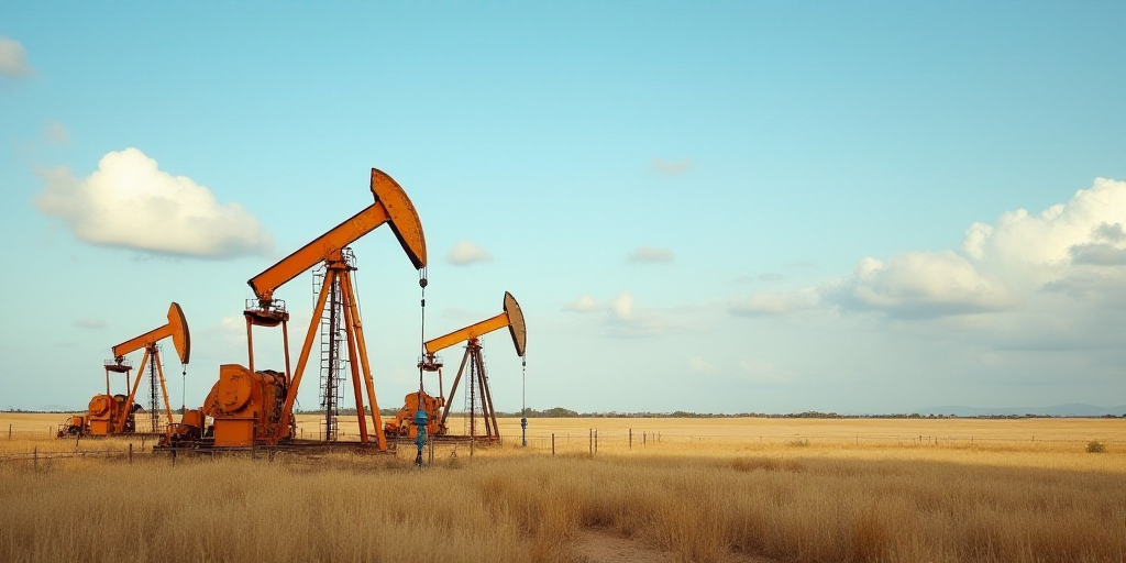 oil pumps in a field with a sky background and a few clouds in the background, with a few clouds in