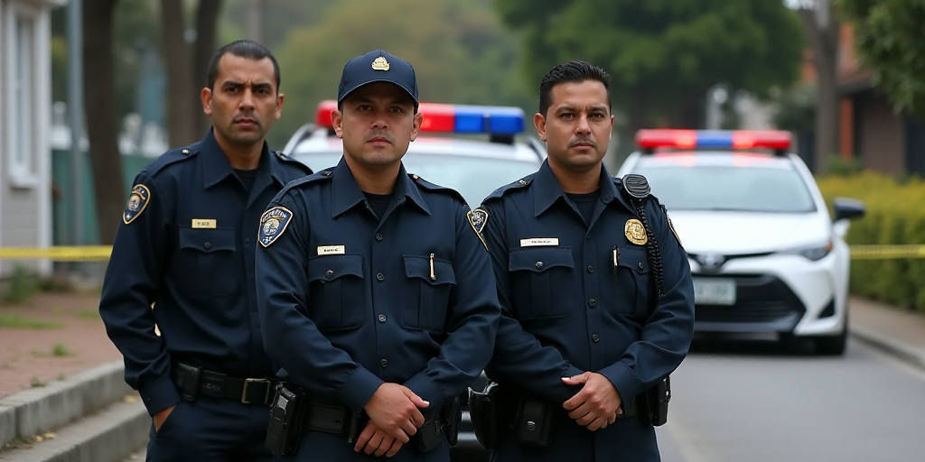 police officers standing in front of a police car with a police tape on the ground behind them and a