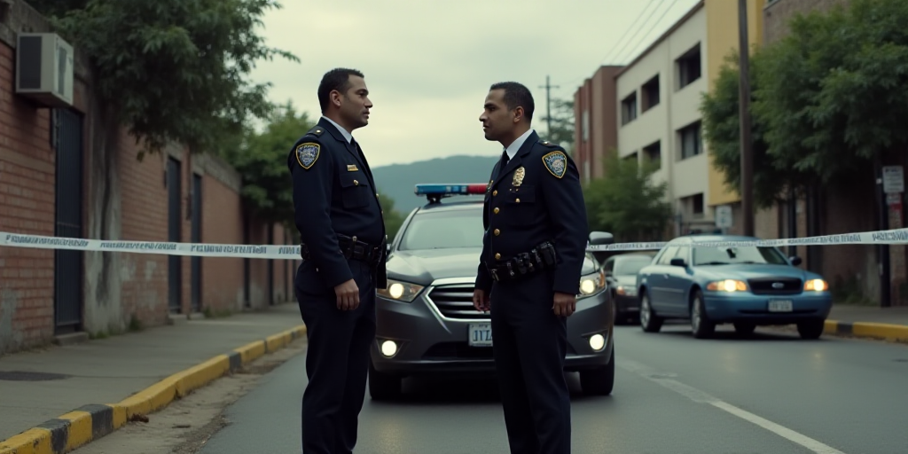 police officers standing in front of a police car with a police tape on the ground behind them and a