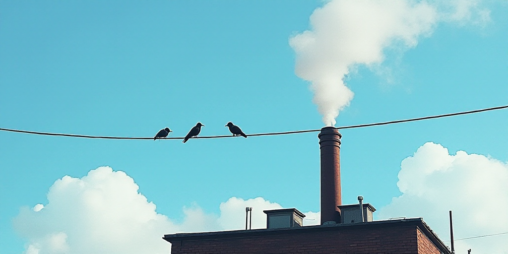 smoke coming out of a chimney on a building with a blue sky in the background and a bird on a wire,