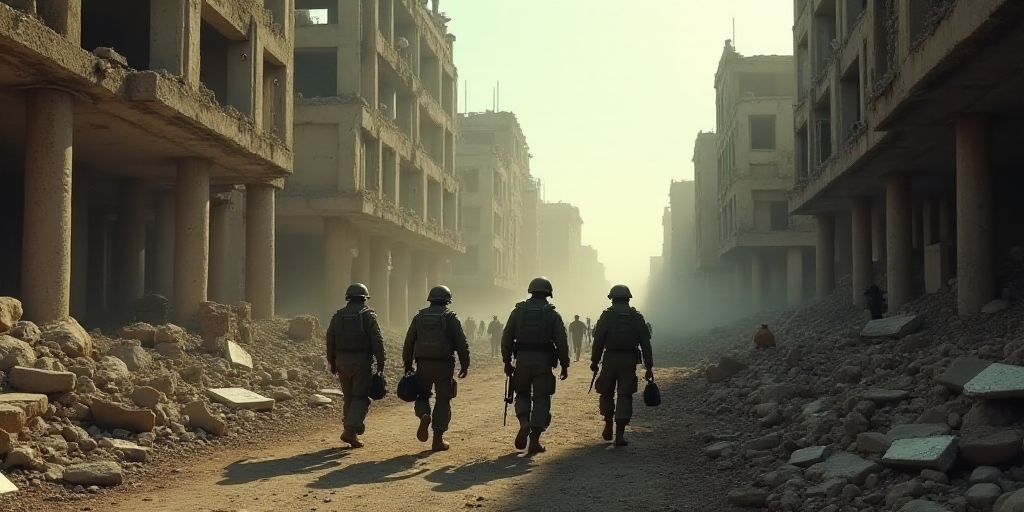 soldiers walk through a destroyed building in a city with debris on the ground and people walking ar