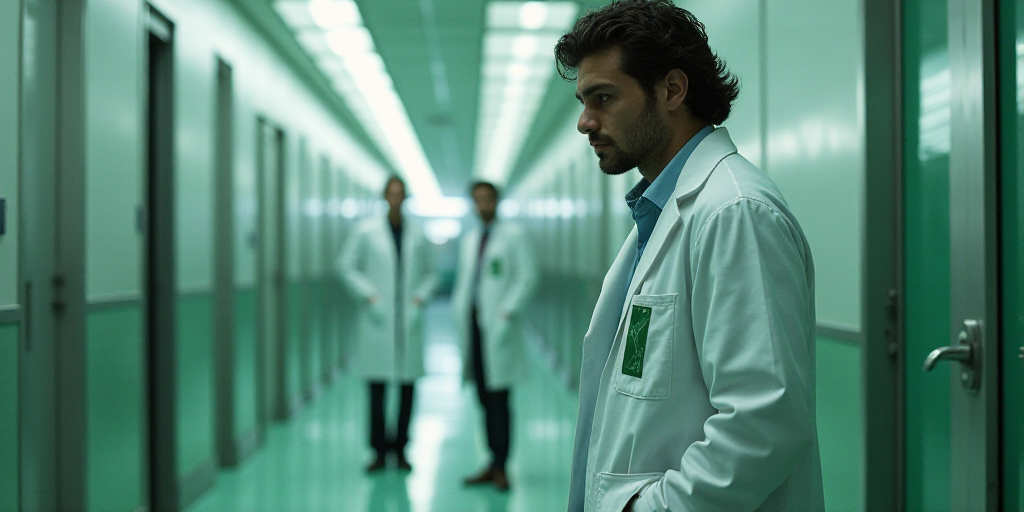 three doctors standing in a hallway with a white coat on and a green logo on the chest and chest, Ca