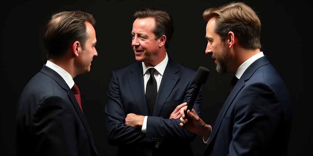 three men in suits and ties are standing together and one is speaking into a microphone and the othe