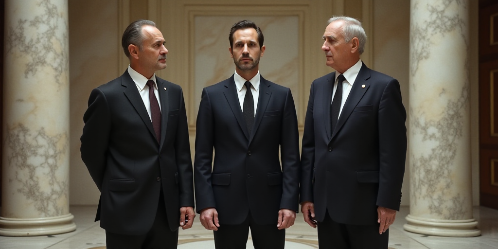 three men in suits are standing together in a room with marble walls and a marble floor and a marble