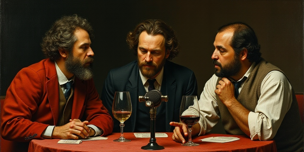 three men sitting at a table with wine glasses in front of them and a microphone in front of them, C