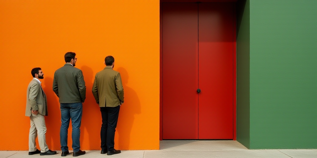 three men standing next to each other in front of a orange wall with a red door behind them and a gr