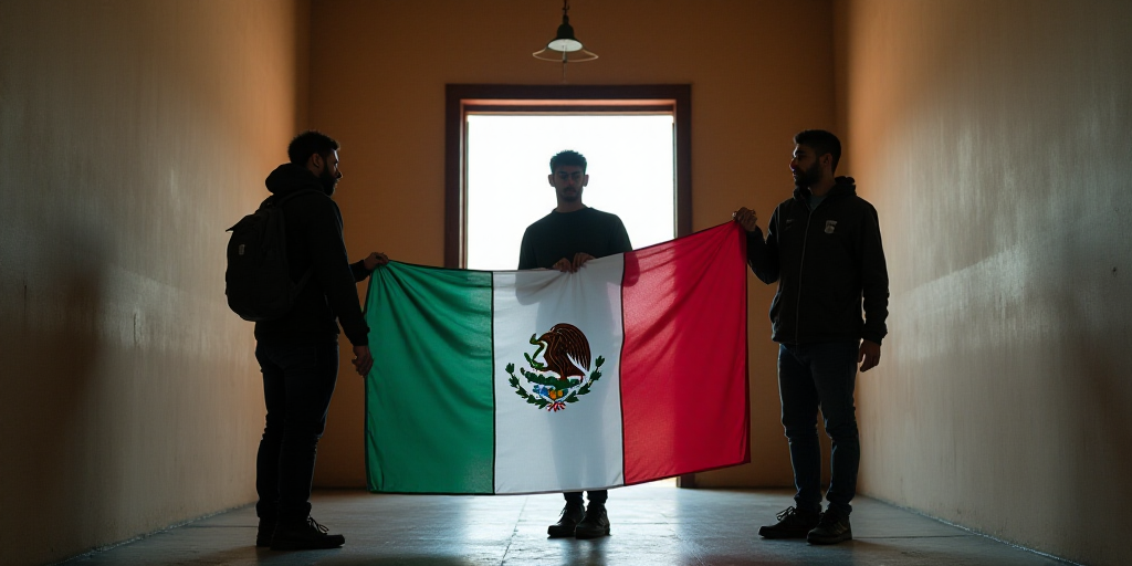 three people holding a mexican flag in a building with a doorway in the background and a doorway in