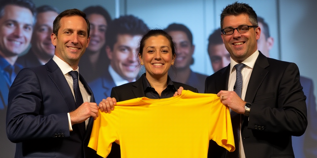 three people holding up a yellow shirt in front of a screen with a picture of them and a man in a su
