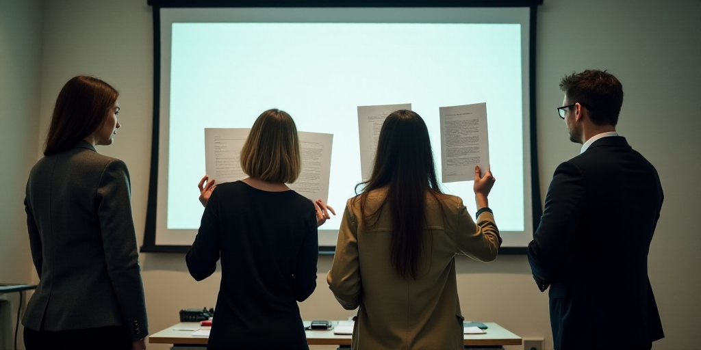 three people holding up some papers in front of a screen with a woman standing next to them and a ma