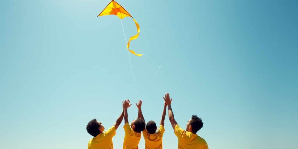 three people in yellow shirts are flying a kite together in the sky with their hands in the air and