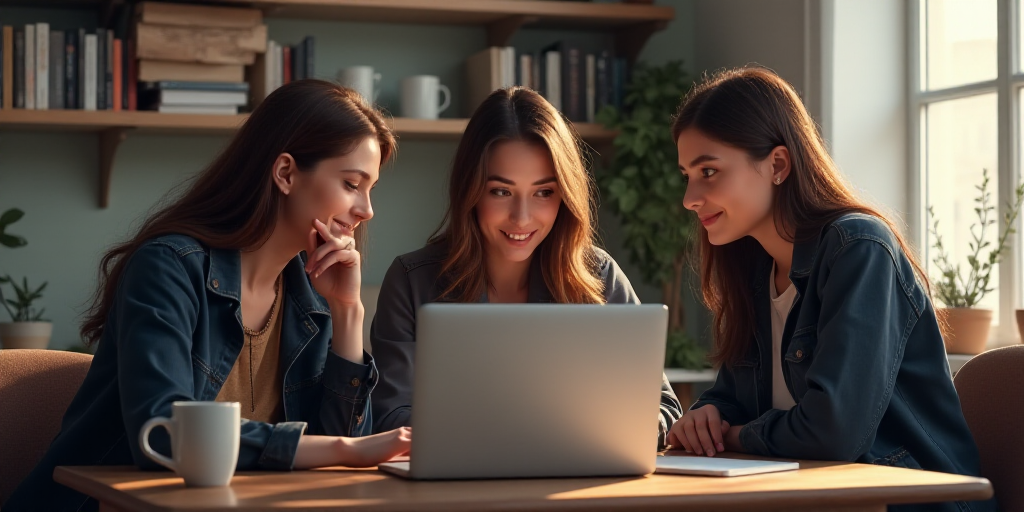 three people looking at a laptop screen together at a table in a room with a bookcase and a coffee c