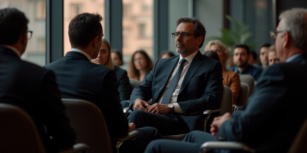 three people sitting in chairs talking to each other at a conference event with a man in a suit and