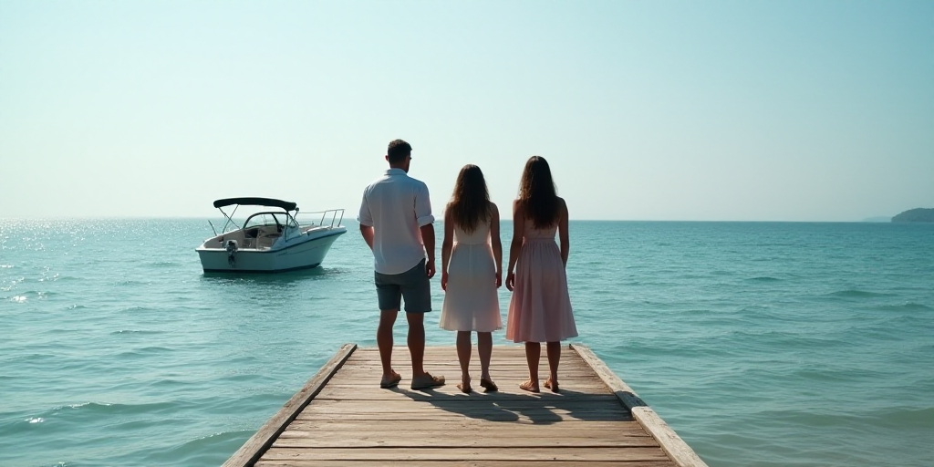 three people standing on a dock near the ocean with a boat in the background and a pier in the foreg