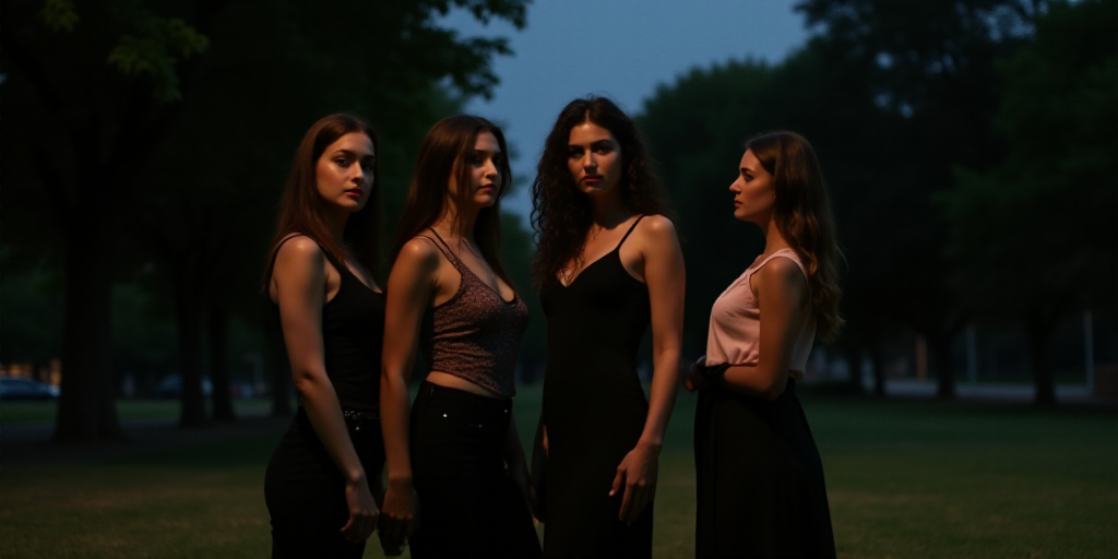 three women standing next to each other in a park at night time, one of them is holding a camera, Ca