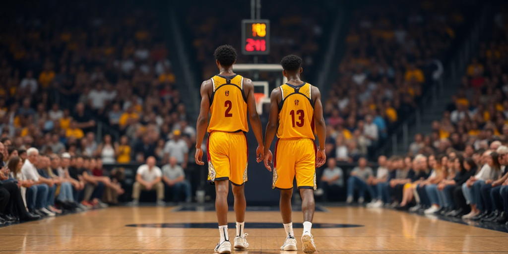 two basketball players are walking on the court together in front of a crowd of people watching them