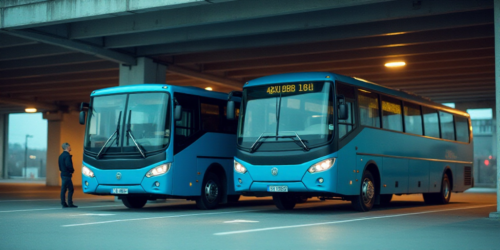 two blue buses parked in a parking garage under a bridge with a man standing next to them and a woma