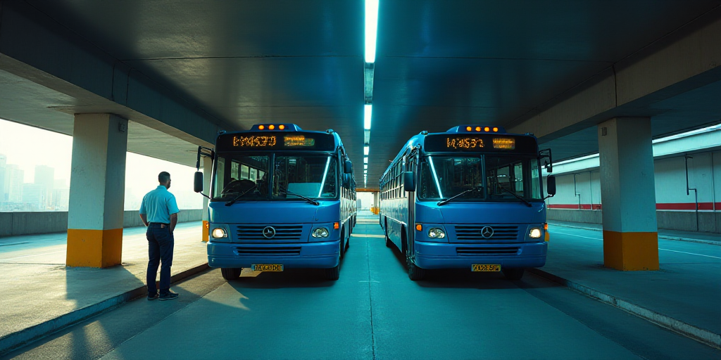 two blue buses parked in a parking garage under a bridge with a man standing next to them and a woma