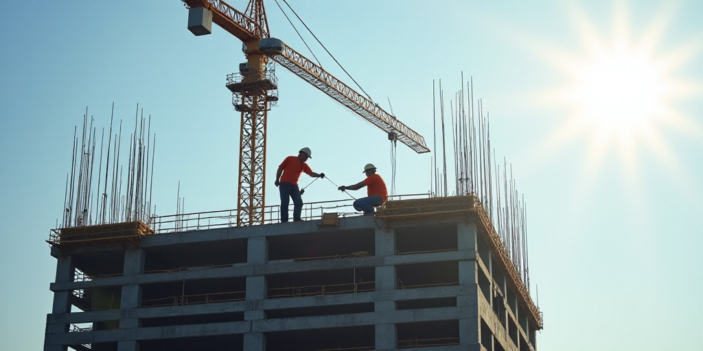 two construction workers are working on a building under construction with a crane in the background