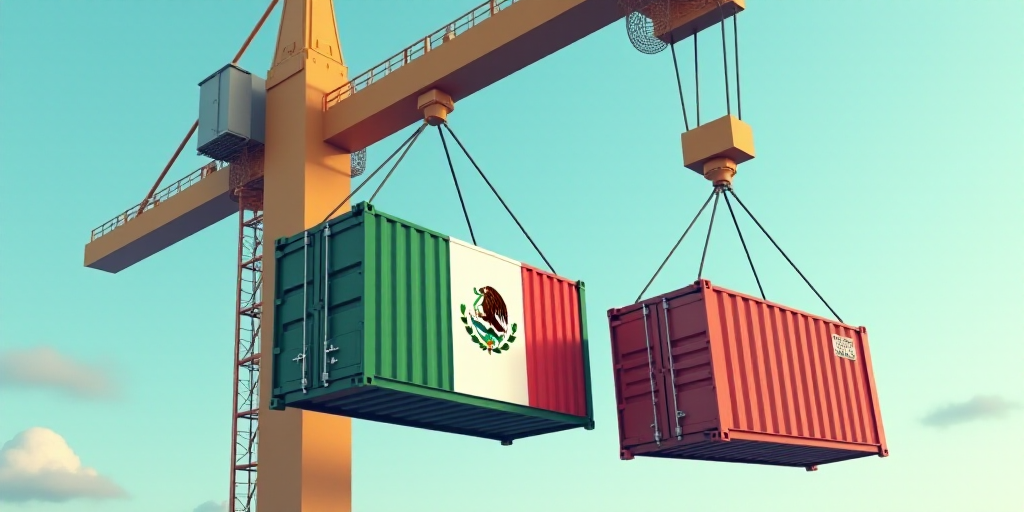 two containers suspended from a crane with a mexican flag on them and a mexican flag on the side of