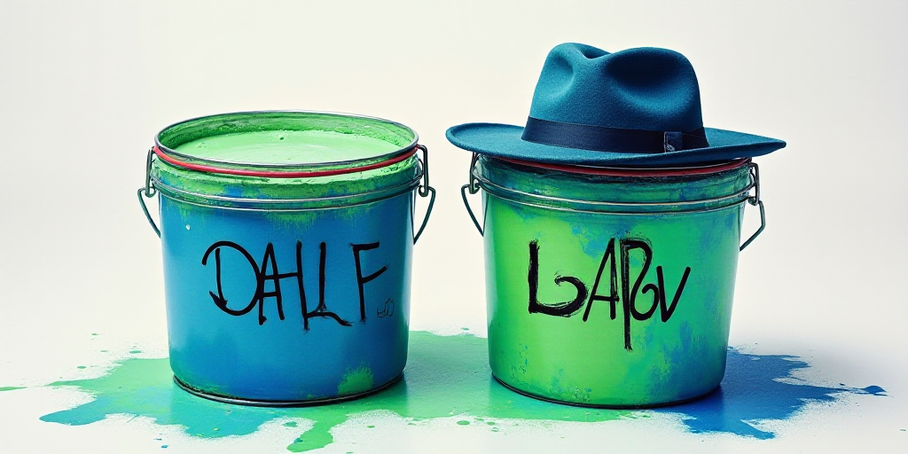 two containers with blue and green frosting on them with graffiti on them and a hat on top of one, D