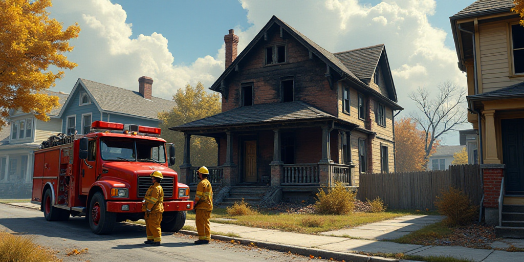 two fire fighters are standing in front of a fire damaged house and a fire truck is parked in front