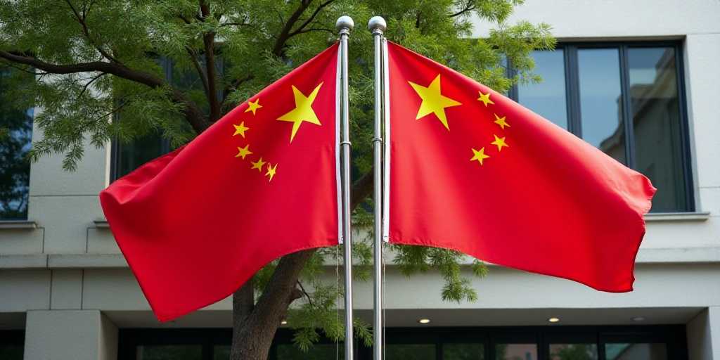two flags are flying next to each other in front of a building with windows and a tree in front of i