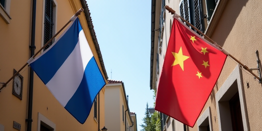 two flags are hanging from a building with a clock on it's side and a flag on the other side, Aquira