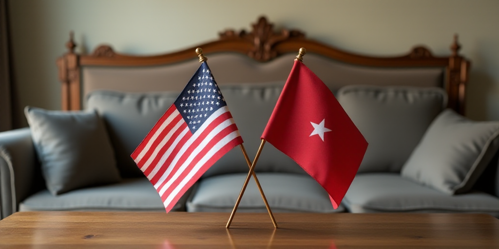 two flags are placed on a table in front of a couch with a wooden headboard and a wooden headboard,