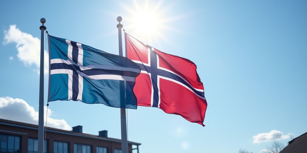 two flags flying in the wind on a sunny day with a building in the background and a blue sky, Erik O