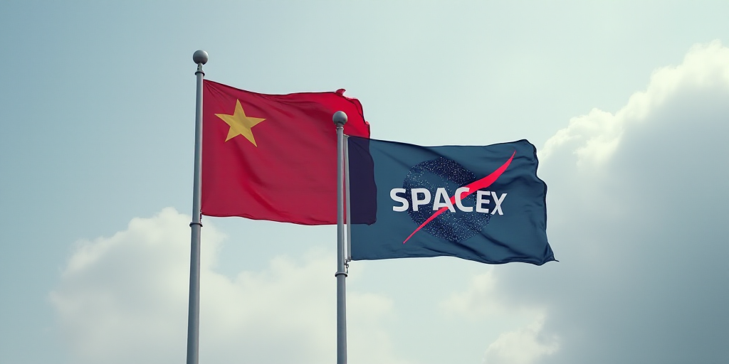 two flags flying next to each other on a cloudy day in the sky with a spacex logo on it, Andries Sto
