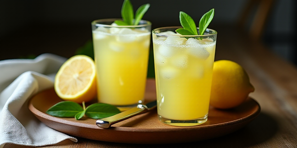 two glasses of lemonade on a wooden tray with lemons and a knife on a cutting board with leaves, Car