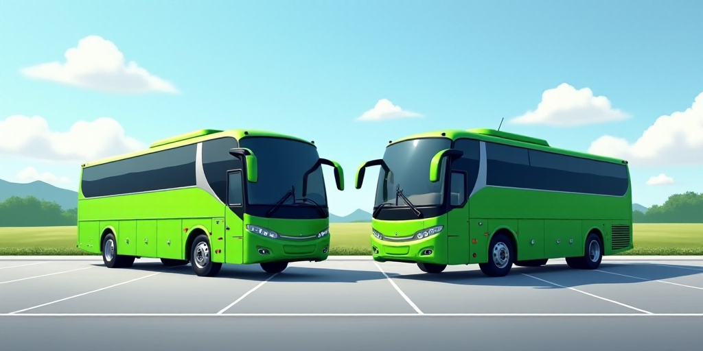 two green buses parked next to each other on a parking lot with a sky background and a few clouds, A