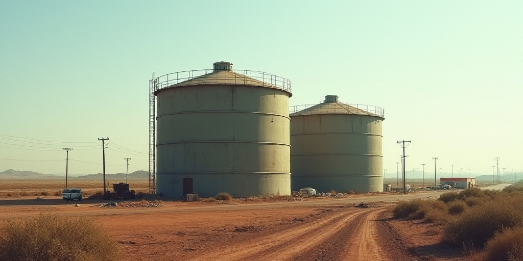 two large water tanks sitting next to each other on a dirt field near a road and a construction area