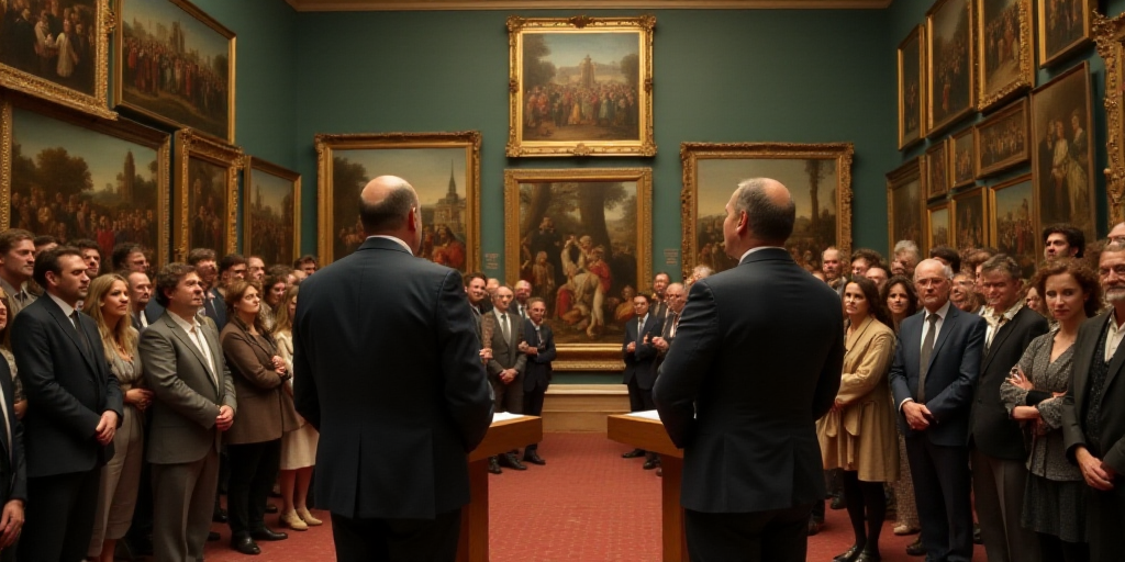 two men and a woman standing at podiums in front of a crowd of people in front of paintings, Andrew