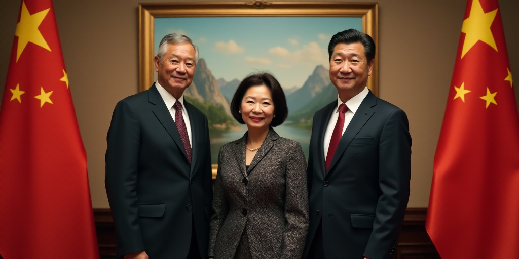 two men and a woman standing in front of flags in a room with mountains in the background and a pain