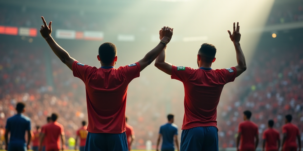 two men are celebrating a soccer game with their arms in the air and their hands in the air, while a
