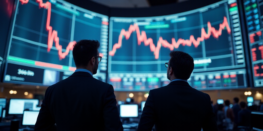 two men are looking at a stock market display on a floor of a building with multiple screens and scr