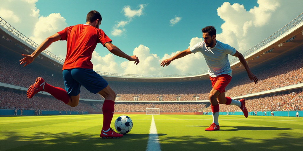 two men are playing soccer on a field with a crowd watching them from the stands and a stadium full