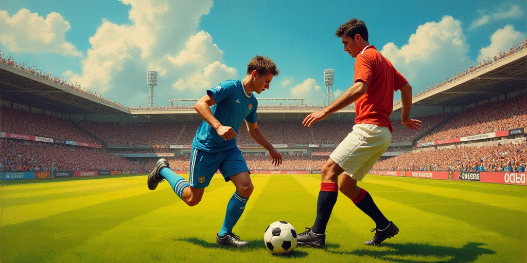 two men are playing soccer on a field with a crowd watching them from the stands and fans in the sta