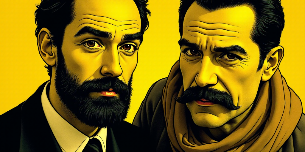 two men are shown in black and yellow colors, one is a man with a beard and the other is a man with