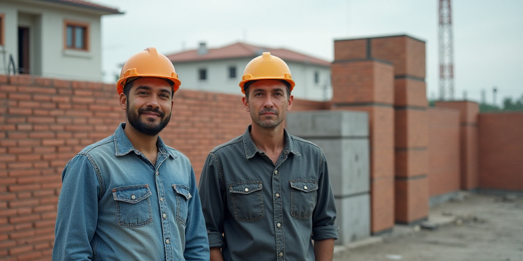 two men are standing on a construction site with a brick wall and cement blocks behind them, and a b